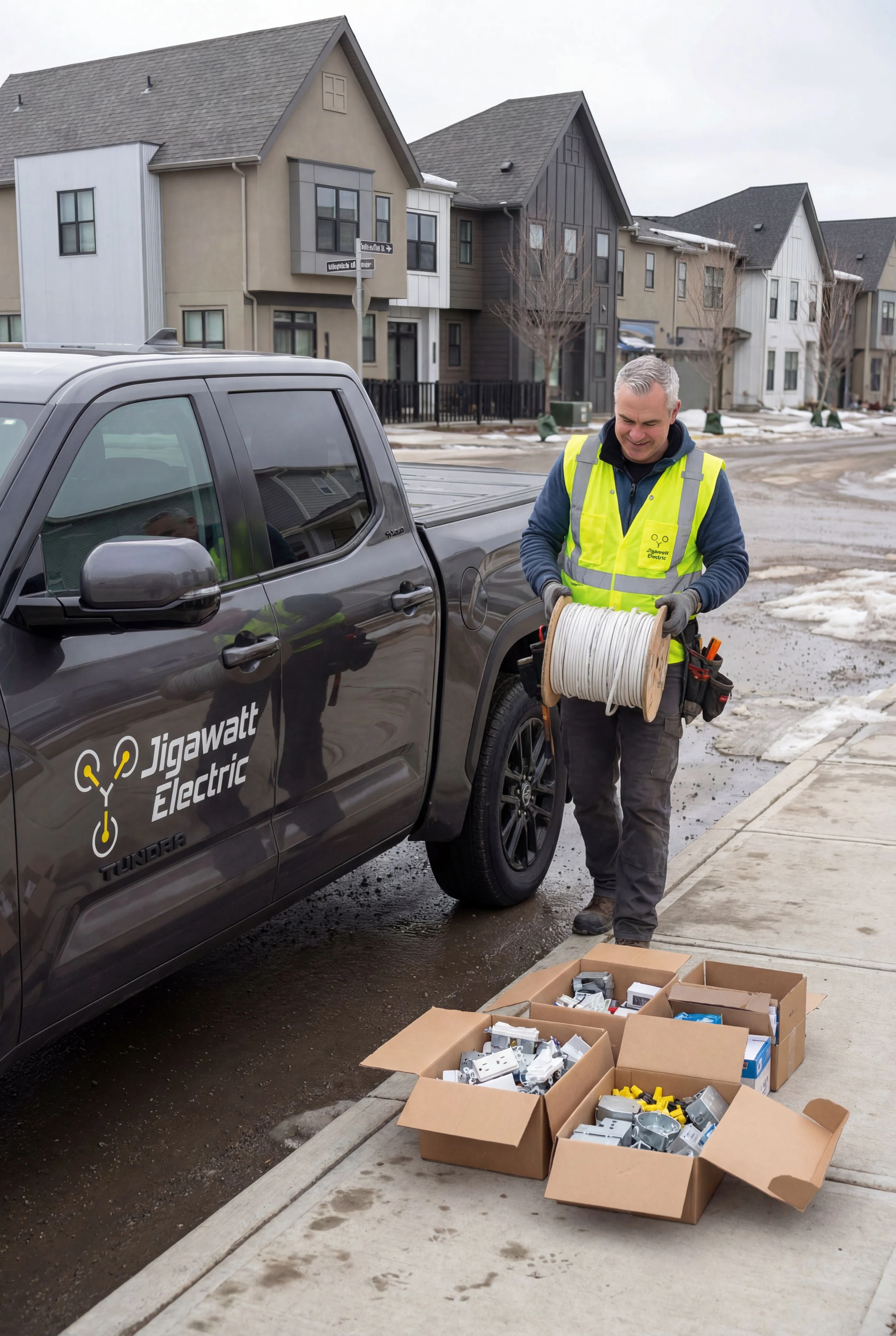 Jigawatt Electric electrician with supplies and branded truck in a Calgary neighbourhood
