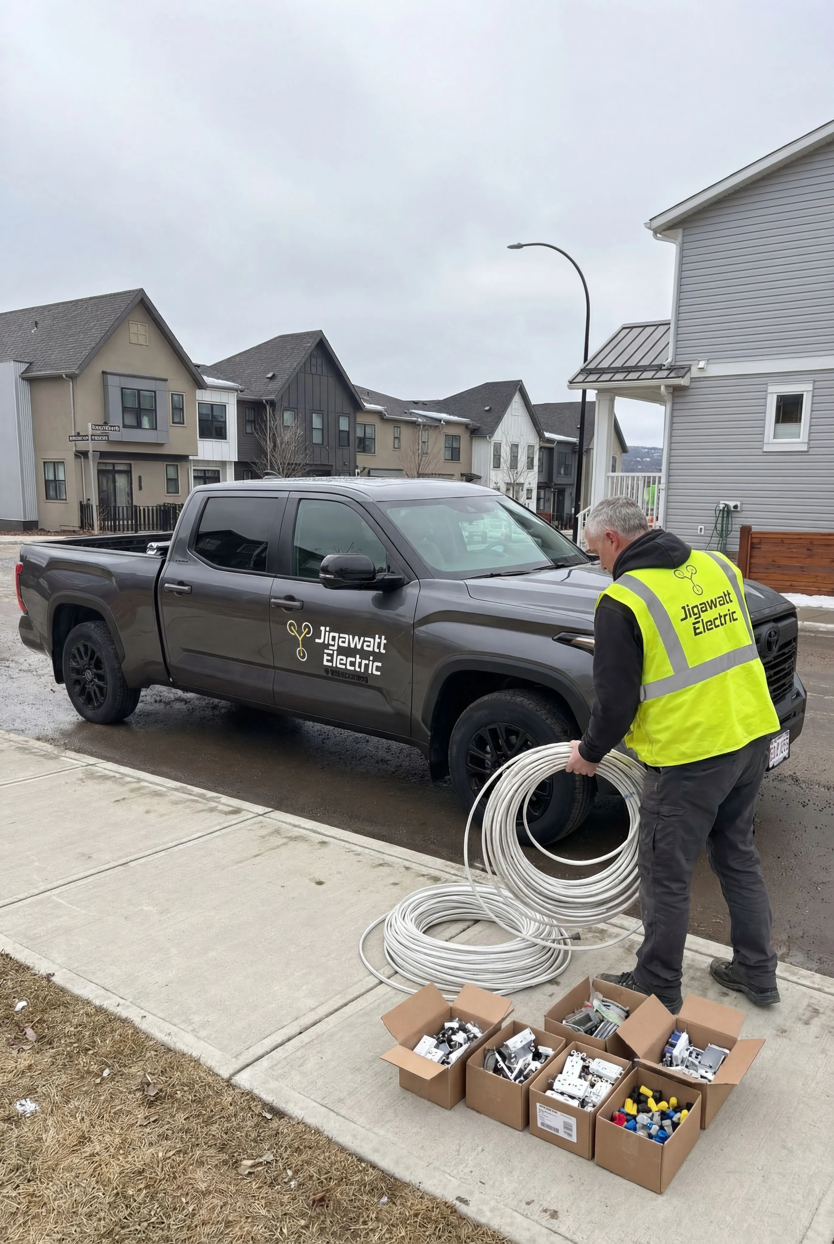 Electrician in high-visibility vest with cable spools beside Jigawatt Electric service truck