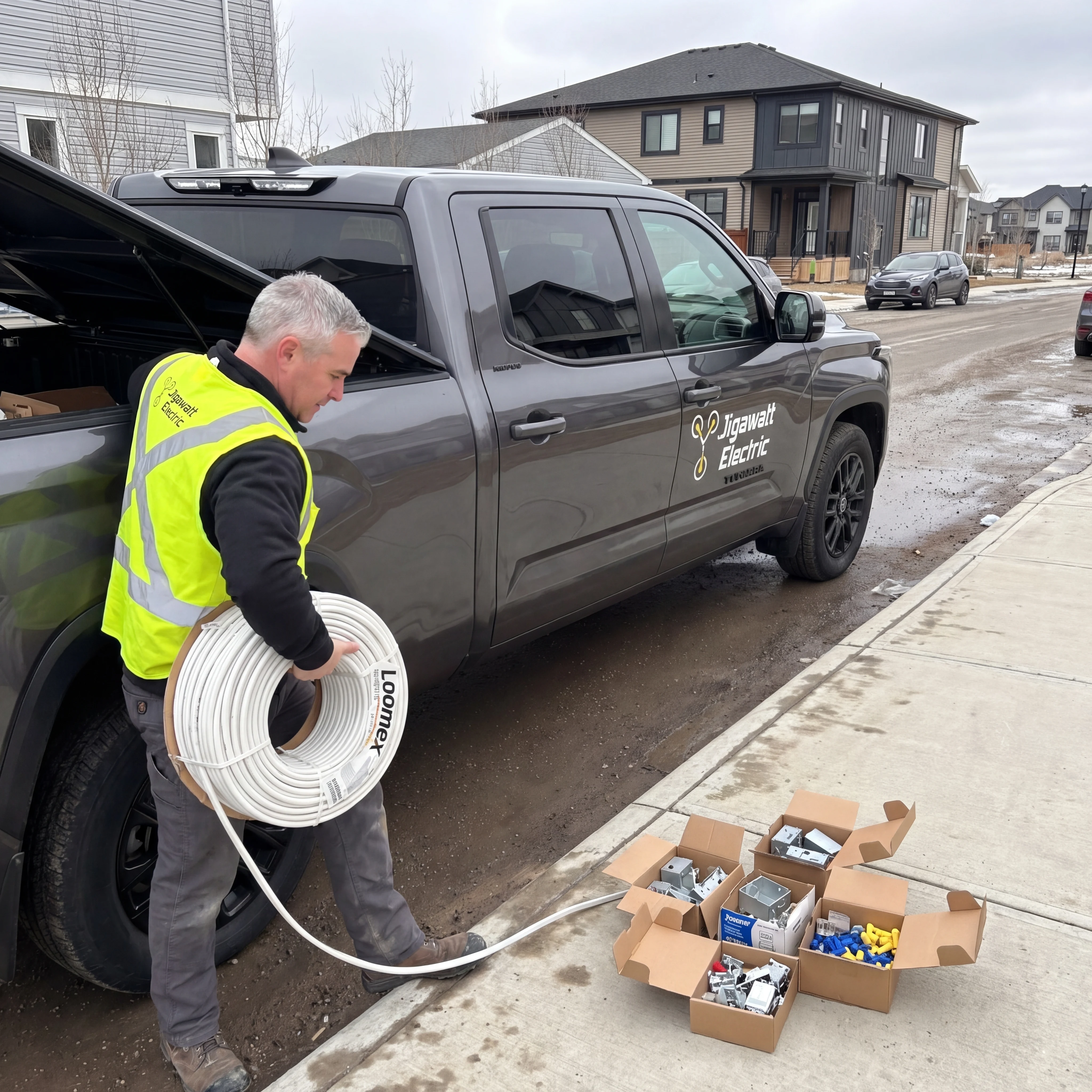 Jigawatt Electric electrician with branded truck and cable supplies on a residential street